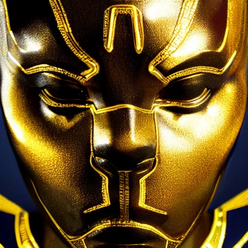 Image similar to a close up photo of a detailed golden statue of Black Panther, 8K,