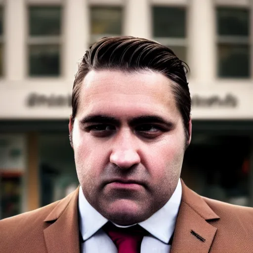 Image similar to Close up portrait of a clean-shaven chubby man with long hair wearing a brown suit and necktie with a bakery in the background. Photorealistic. Award winning. Dramatic lighting. Intricate details. UHD 8K. He looks guilty.