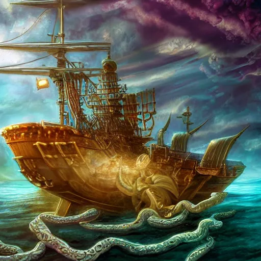 Prompt: mystical ship with kraken pulling it underwater, beautiful composition, wide angle, colorful, cinematic, volumetric lighting, intricate details painting