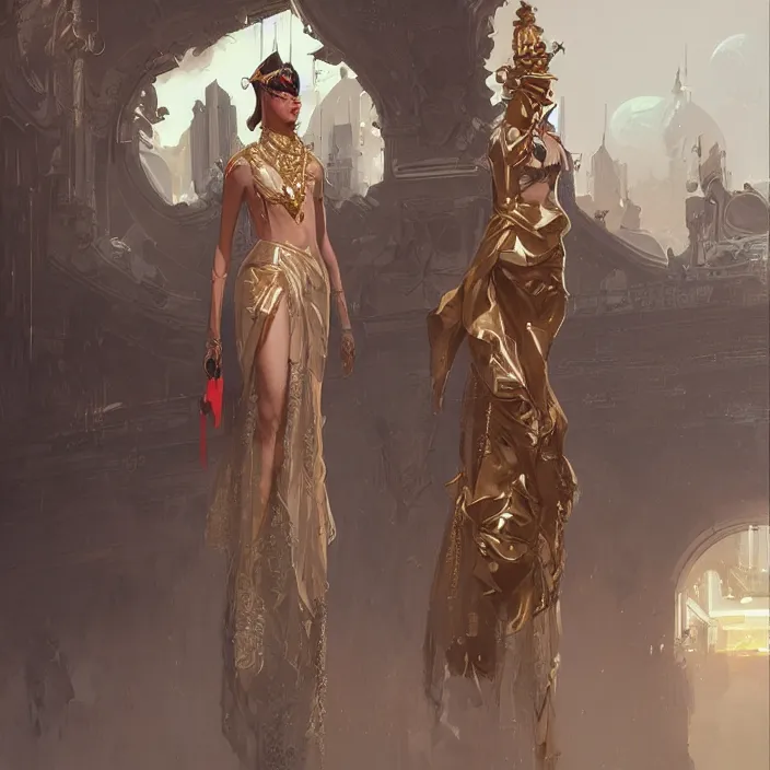 Prompt: gucci goddess, future fashion, stylish deity, concept art, digital painting, beautiful, ornate, hd, by greg rutkowski, by syd mead