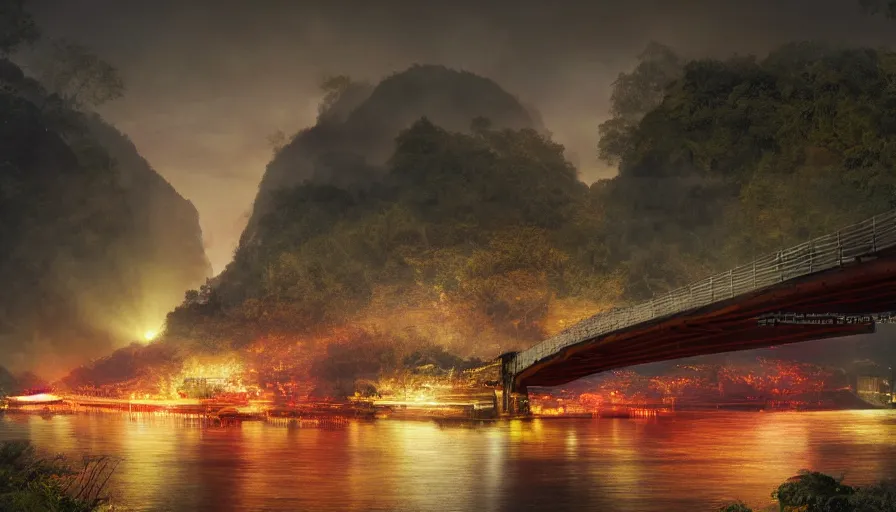 Prompt: a bridge over a river in vietnam, by completely dark black night, yellow and red smoke, white projectors, lens flare, black night, lighting and composition, dark, chiaroscuro, highly detailed concept art, radiant light, intricate, war, destruction, sharp focus