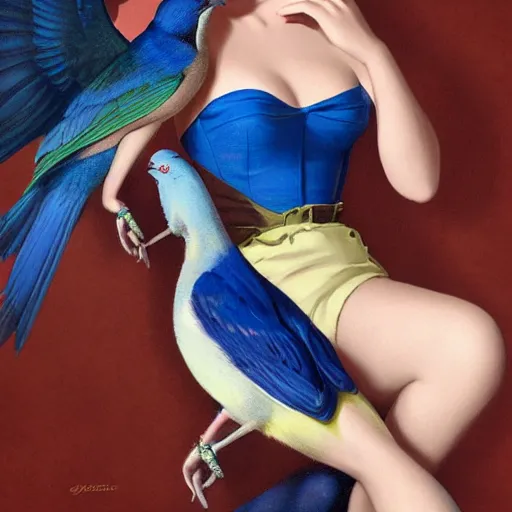 Prompt: portrait of a pinup girl holding an indigo bunting, bird, the bird is wearing a bowtie, by greg rutkowski, rossdraws, gil elvgren, enoch bolles, anime, porcelain skin, very coherent