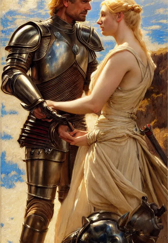 Image similar to attractive fully clothed jaime lannister confesses his love for attractive fully clothed armored brienne of tarth. highly detailed painting by gaston bussiere and j. c. leyendecker 8 k