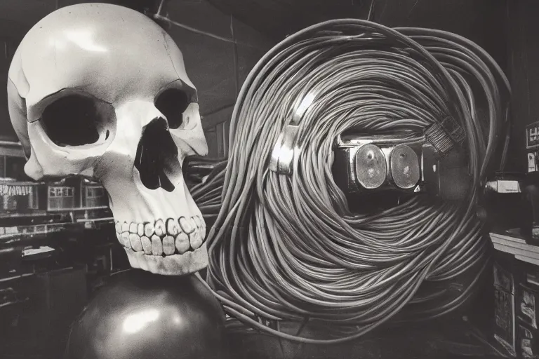 Image similar to large metallic skull attached to an infinitely long, coiled power cable, stoic and calm, inside of an unlit 1970s convenience store, ektachrome photograph, volumetric lighting, f8 aperture, cinematic Eastman 5384 film