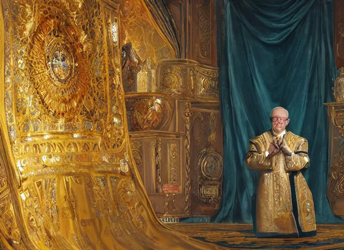 Prompt: kneeling before the pope, royal robe, gold trim, close - up, light effect, hyper detailed, intricate, atmospheric, elegant, photorealistic by paul lehr, marco mazzoni, featured on cgsociety, rococo, whimsical, artstation