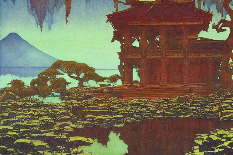 Image similar to ancient temple by a lake | by Edmund Dulac and Maxfield Parrish and Nicholas Roerich | ornate carvings| climbing vines| rich color | dramatic cinematic lighting