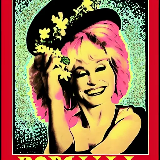 Image similar to young Dolly Parton portrait, graphic design poster, 70s, flower child, hippie, psychedelic