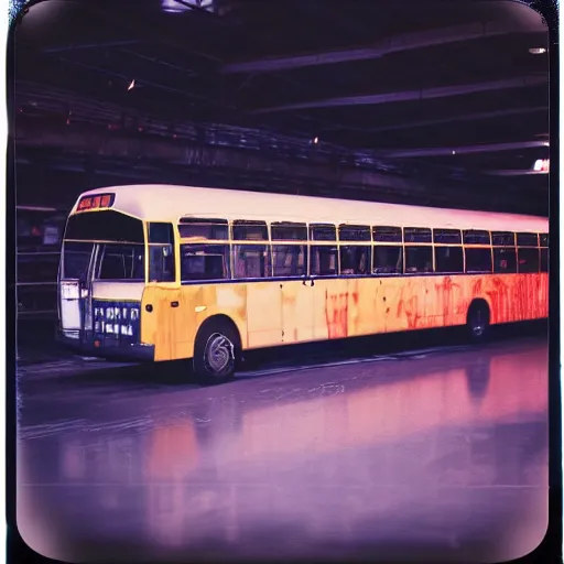 Image similar to 1990s perfect 8K HD professional cinematic photo of a bus in dystopian hangar, at evening during rain, at instagram, Behance, Adobe Lightroom, with instagram filters, depth of field, taken with polaroid kodak portra