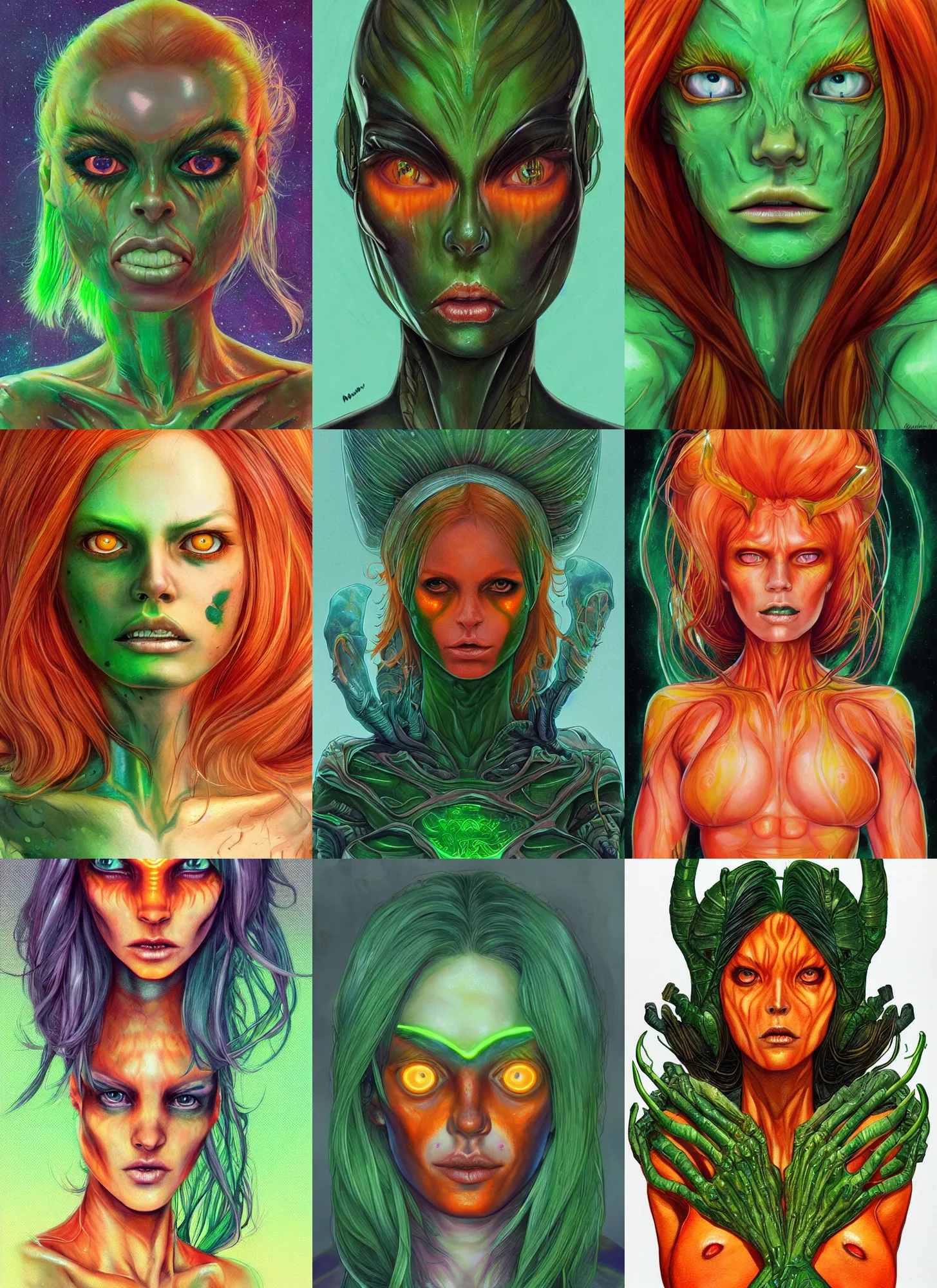 Prompt: beautiful female alien with glowing green eyes, orange skin and long fiery hair, concept art by Martine Johanna, highly detailed, ultra detailed, ultra realistic, trending on artstation