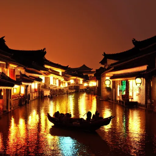 Prompt: beautiful and peaceful ancient water town in the south of china, zhouzhuang ancient town, movie style, warm color to move, boats, evening lanterns, the glow of the sunset on the water, lanterns in the sky at night, highly detailed, 4 k