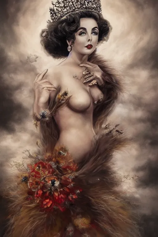 Image similar to center portrait fine art photo of the beauty princess elizabeth taylor, dramatic pose she has a crown of stunning flowers and fur stole and black dress gemstones, realistic eyes, background full of stormy clouds, by peter mohrbacher