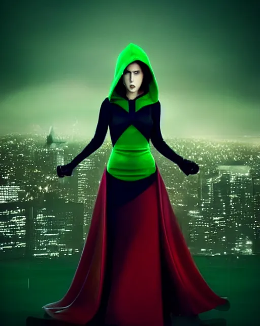 Prompt: Karmen Loh art, cinematics lighting, beautiful Anna Kendrick supervillain, green dress with a black hood, angry, symmetrical face, Symmetrical eyes, full body, flying in the air over city, night time, red mood in background