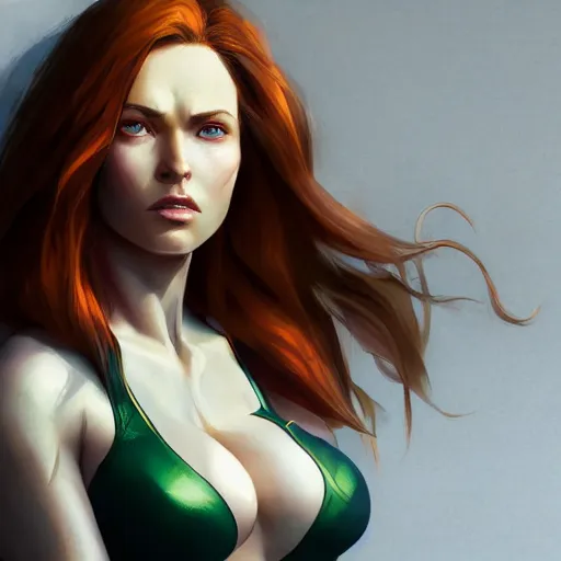 Image similar to jean grey, a half body of jean grey, green eyes, comic, x - men, highly detailed, artstation, digital painting, vivid colors, realistic shaded perfect face, soft lighting, atmospheric, cinematic, moody, in the style of krenz cushart, oil on canvas, 8 k