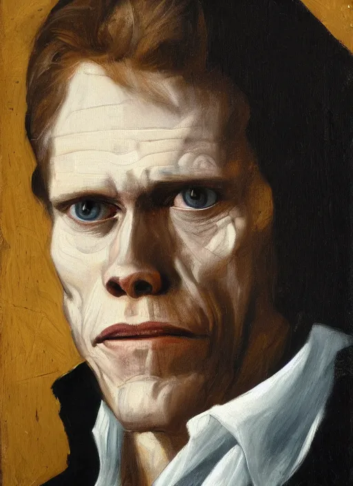 Image similar to portrait painting of 2 4 year old willem dafoe, renaissance oil painting, studious chiaroscuro