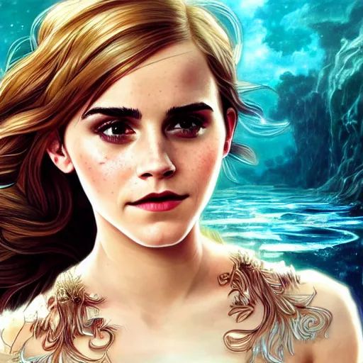 Image similar to Emma Watson as a beautiful mermaid, cute, fantasy, intricate, elegant, highly detailed, digital painting, 4k, HDR, concept art, smooth, sharp focus, illustration, art by artgerm and H R Giger and alphonse mucha