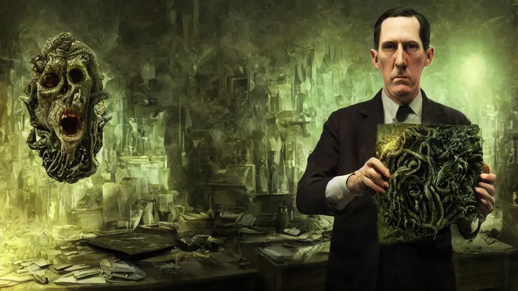 Prompt: Howard Phillips Lovecraft with eldritch being in her hands, 8K, concept art, filmic, HDR, hyperrealism, volumetric lighting