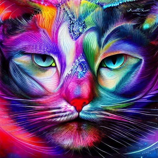 Image similar to a galaxy colored psychedelic chakra awakening kundalini ethereal portrait of a cat with her eyes closending to a higher plane of existence, eternal blessing, multiverse, by android jones, by ben ridgeway, visionary art, by artgerm, featured on artstation, cgsociety, by greg rutkowski