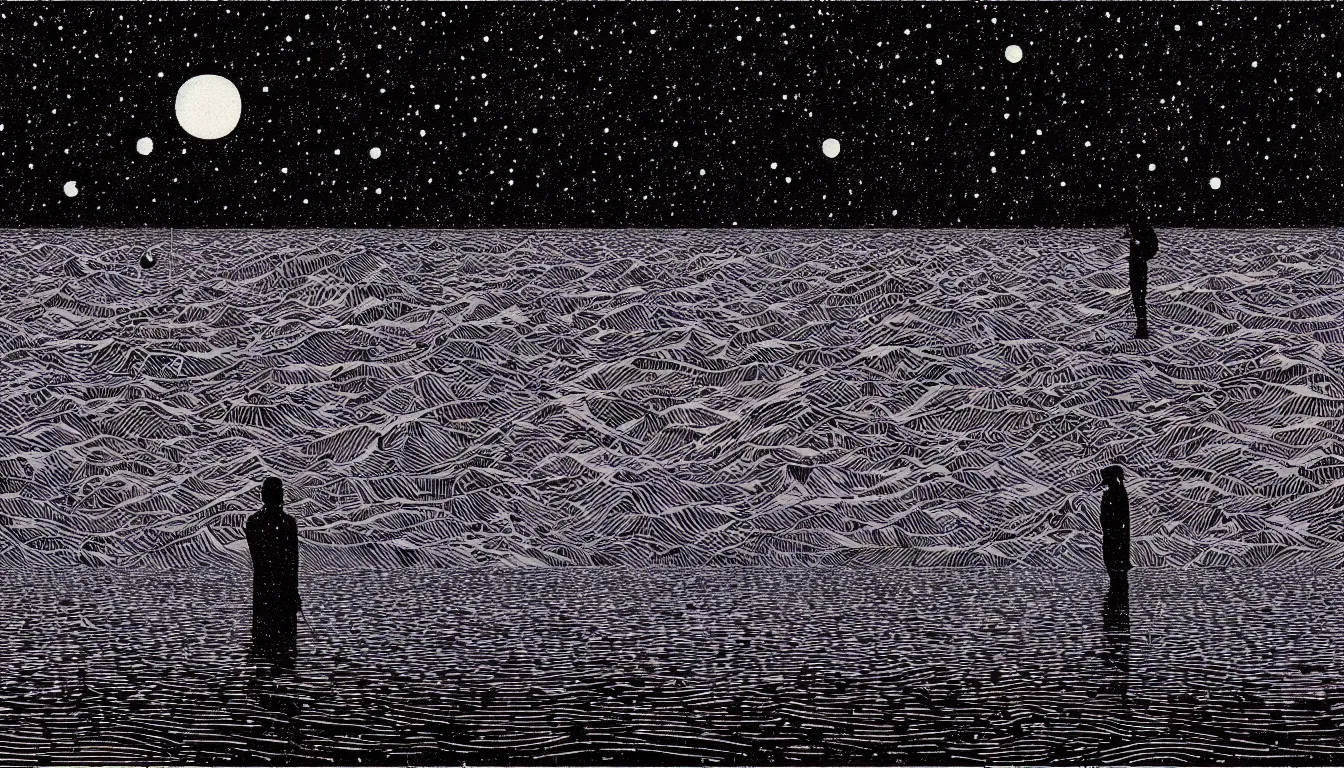 Image similar to standing in a lake looking at reflection of the night sky by woodblock print, nicolas delort, moebius, victo ngai, josan gonzalez, kilian eng