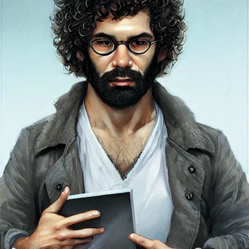 Image similar to a skeptical looking curly - haired persian programmer, by artgerm and greg rutkowski and magali villeneuve