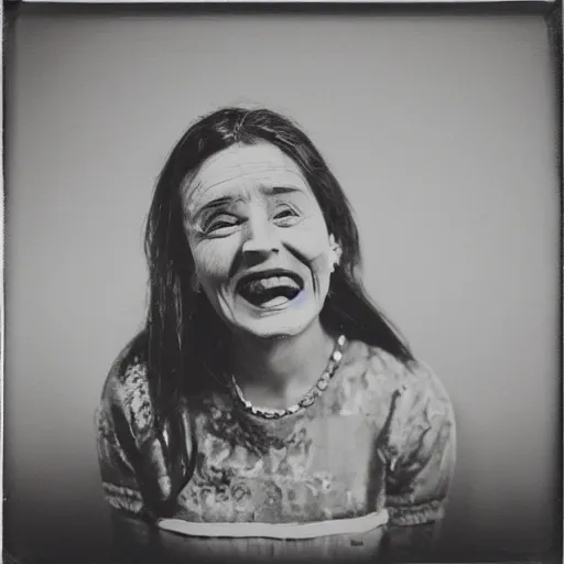 Image similar to portrait of a smiling woman with too many teeth. hundreds of teeth. hq photo, surreal, harsh lighting. polaroid type 6 0 0. fear. unnerving. menacing. supernatural