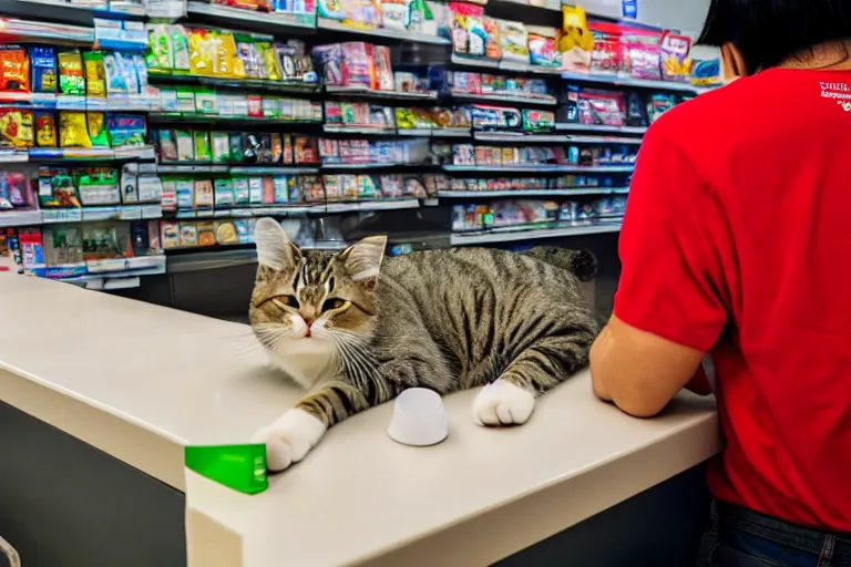 Image similar to cat on the counter in 7 - eleven next to a pack of cigarettes wide angle lens