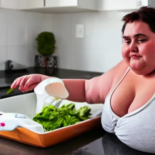 Image similar to a very obese woman doing the dishes, text your mom