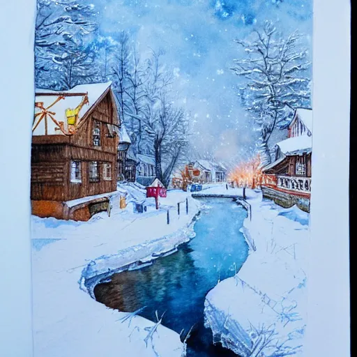 Image similar to water color on paper, winter wonderland, highly detailed, artstation, masterpiece, award - winning,