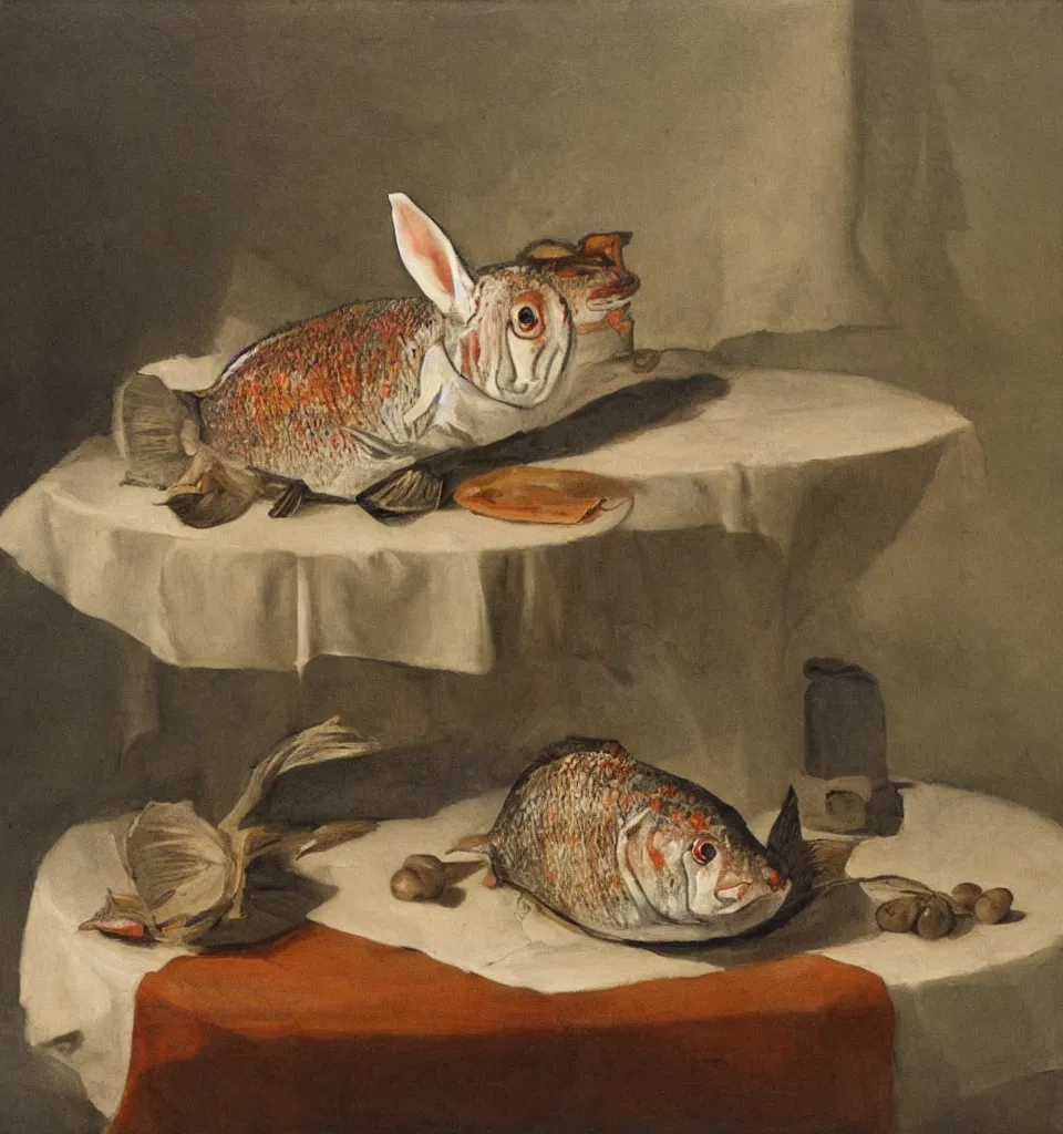 Prompt: still life painting of a fish rabbit on a white table