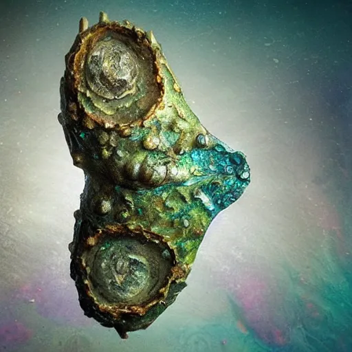 Image similar to a beautiful fantasy rendering of a dirty old corroded oyster with algae and barnacles growing on it, a glowing pure perfect iridescent pearl on the inside