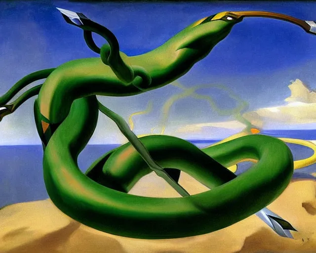 Prompt: painting of Rayquaza by John Singer Sargent, Magritte, Salvador Dali, Magritte, Salvador Dali, and John Singer Sargent