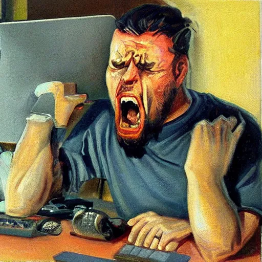 Image similar to an angry man screams at his computer monitor, oil on canvas, 1 9 6 7, highly detailed