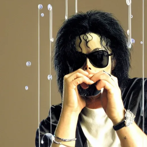 Image similar to michael jackson 2 0 0 9 wearing shades, alone, this is it style, photo real, pores, motion blur, sitting with bubbles the chimp window open, real life, spotted, ultra realistic face, accurate, 4 k, movie still, uhd, sharp, detailed, cinematic, render, modern