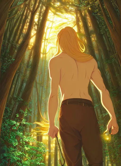 Image similar to book cover design, slender young man with long golden blond hair, shiny and sparkling, from behind, back shot, lost in a magical forest, natural lighting, path traced, highly detailed, high quality, cartoon, digital painting, by don bluth and ross tran and studio ghibli and alphonse mucha