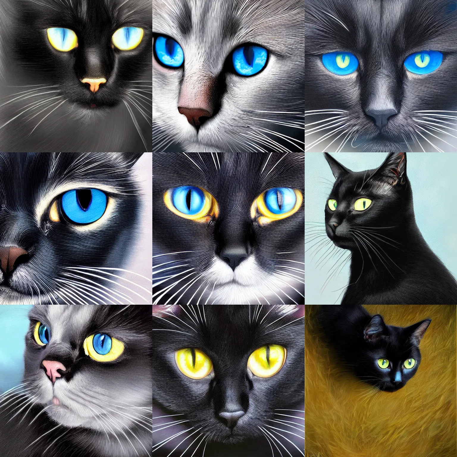 Prompt: portrait of a black cat with blue eyes, realistic painting, high definition, digital art, matte painting, very detailed, realistic