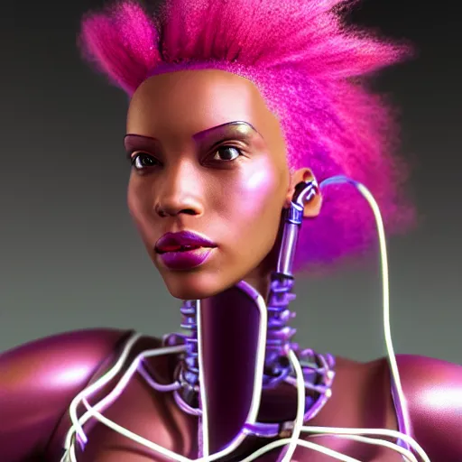 Image similar to portrait of a beautiful caribbean woman with pink hair as a cyberpunk cyborg half robot, revealing wires and electronics, circuit boards, wire management, sci - fi, missing panels, intricate abstract upper body intricate artwork, concept art, octane render, deviantart, cinematic, key art, hyperrealism, iridescent accents, portrait photograph, nikon 3 5 mm, photograph by greg rutkowski