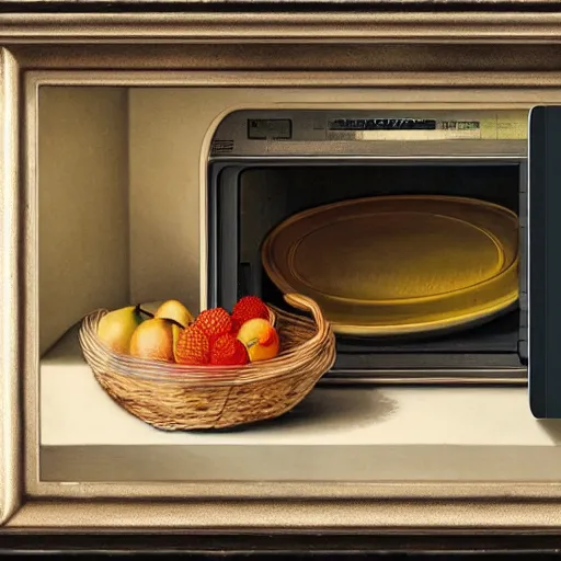 Image similar to A still life of a microwave, Gaspar Peeter, Max Carlier, painting, table, fruit bowl