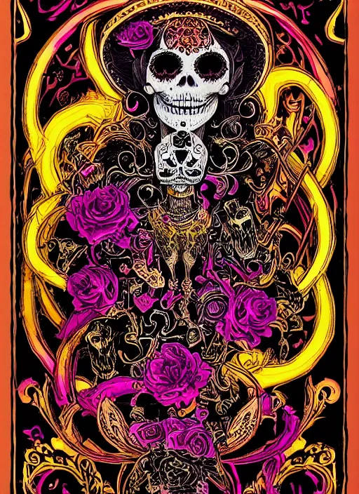 Image similar to La Catrina + black paper + elements + red + purple + gold + neon + baroque + rococo + white + orange+ ink + playing card with ornate border + marc Simonetti, paul pope, peter mohrbacher, Alfonse Mucha detailed, intricate ink illustration