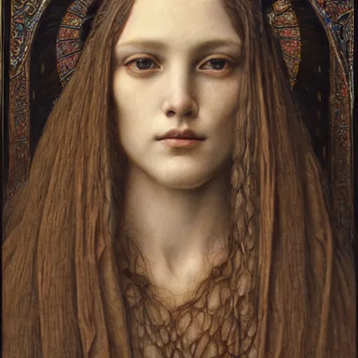 Image similar to detailed realistic beautiful young medieval queen face portrait by jean delville and marco mazzoni, art nouveau, symbolist, visionary, gothic, pre - raphaelite