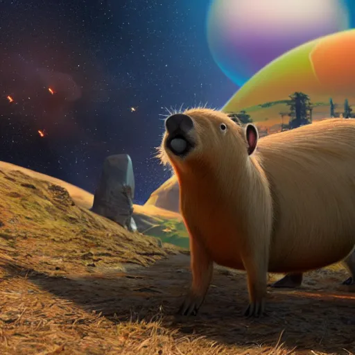 Prompt: humanoid capybara in a futuristic space suit, standing on the crest of a hill, no mans sky style