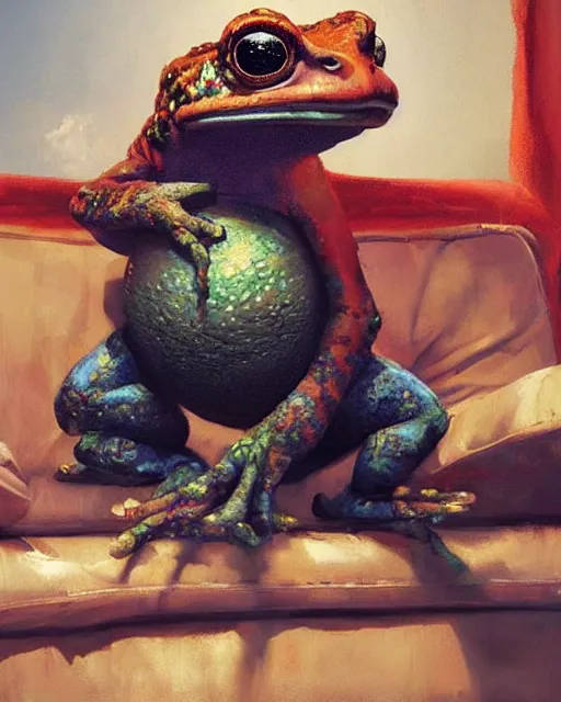 Prompt: hyper realistic oil painting of toad watching a tv movie drink coke and chill on the couch, vibrant colors, high contrast, by greg rutkowski, trending on artstation