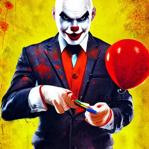 Image similar to portrait of agent 4 7 as a clown, colorful, circus background, cinematic, dramatic light, high detail, inside a messy room, masterpiece, art by jisu choe