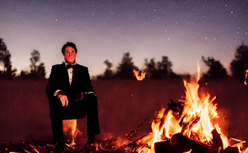 Image similar to a man wearing a tuxedo sitting in the middle of a bonfire