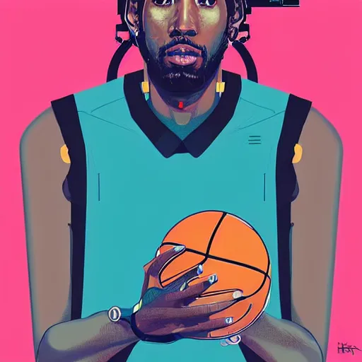 Prompt: a cybernetically enhanced portrait of kawhi leonard spinning a basketball with robotic hands by conrad roset, hyperdetailed, cyberpunk, cool, trending on artstation