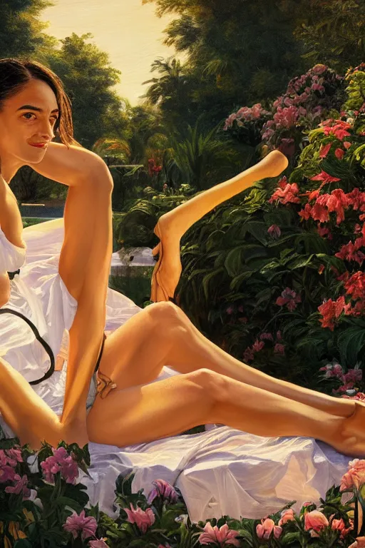Image similar to Alexandria Ocasio-Cortez, by a pool, golden hour, in a garden, artstation, by J. C. Leyendecker and Peter Paul Rubens,
