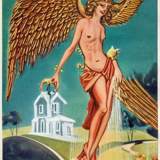 Image similar to the angel of love and prosperity, showering it's great energy over a 1 9 6 0's white farm house