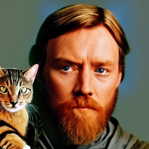 Prompt: obi wan kenobi next to a cat with his head