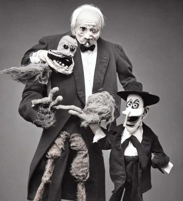 Image similar to hyper realistic old photography of lunatic mad ventriloquist old man with terrific haunted puppet