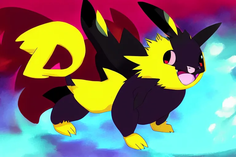 Prompt: zorua the black and maroon fox - like pokemon playing with a yellow and black pikachu, digital anime art