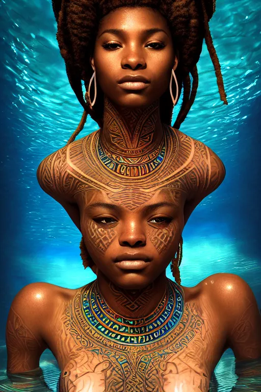 Image similar to underwater photography full body portrait of beautiful nubian ancestral tribal tattooed young hunter pincess, swimming underwater low angle realistic 4 k high quality photography by terry o'neill intricate, elegant, highly detailed, digital painting, artstation, concept art, smooth, sharp focus, illustration, art by artgerm and greg rutkowski and alphonse mucha, 8 k