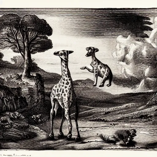 Prompt: First image of the Dachshund Giraffe to reach Europe, 18th-century engraving